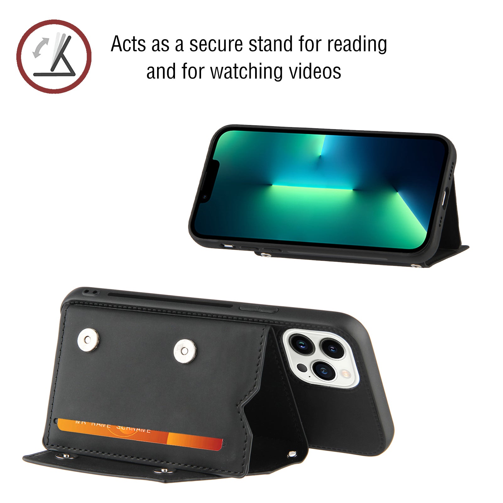 YB Leather Coating Series-2 for iPhone 15 Pro Max Card Holder Phone Case Kickstand Leather Coated TPU Cover with Strap - Black YB Leather Coating Series-2 for iPhone 15 Pro Max Card Holder Phone Case Kickstand Leather Coated TPU Cover with Strap - Black